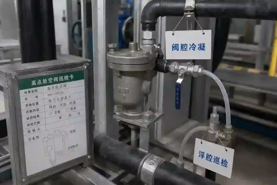 机房高点排气阀浮腔冷凝巡检现场实拍图（含中文标识牌）