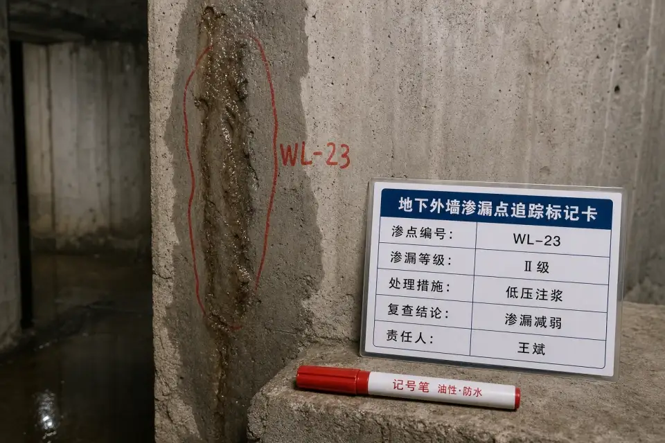 地下外墙渗漏点追踪标记卡实拍参考图