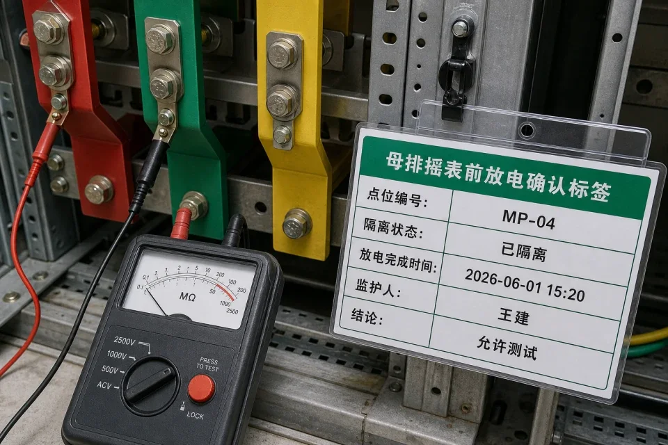 母排摇表前放电确认标签实拍参考图