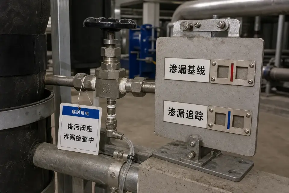 机房低点排水阀阀座填料渗漏追踪现场实拍图（含中文标识牌）