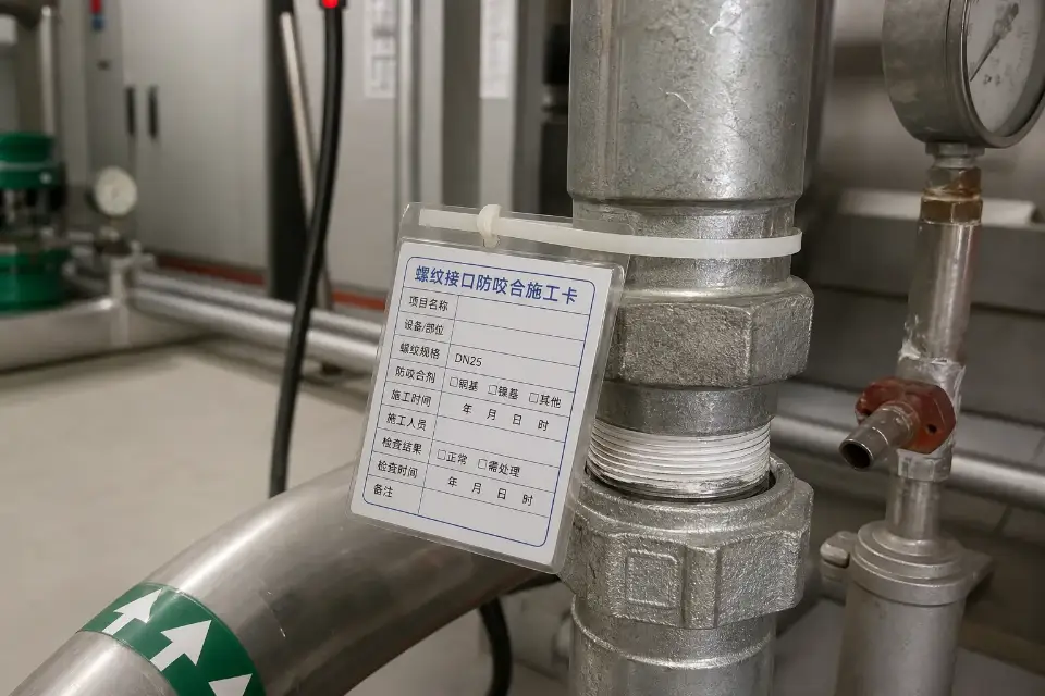 螺纹接口防咬合施工卡现场实拍图（含中文记录卡）